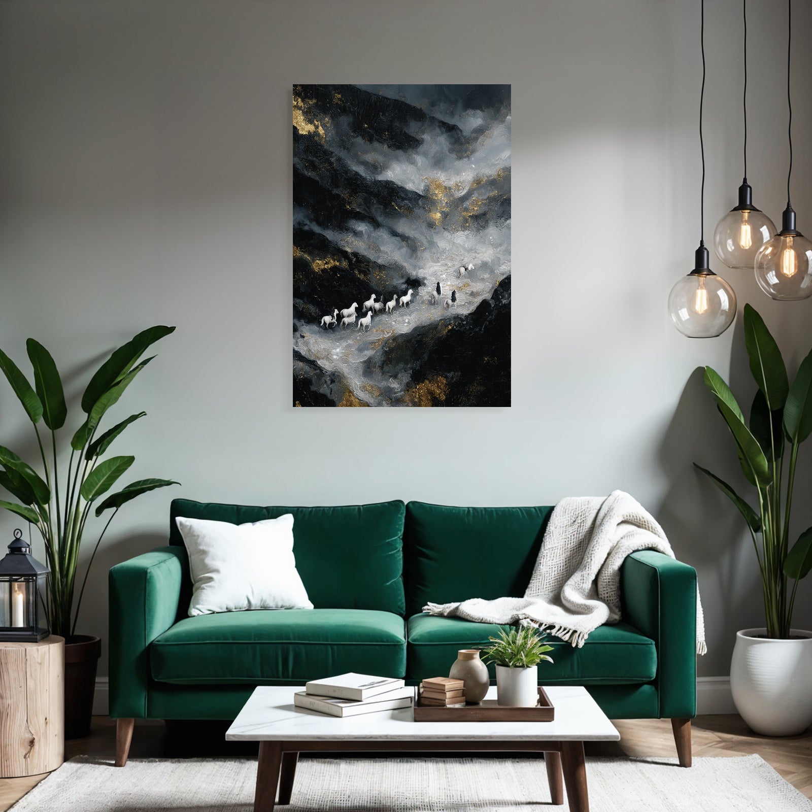 Surrealistisch Landschaft Mit Weissen Pferden Und Figuren