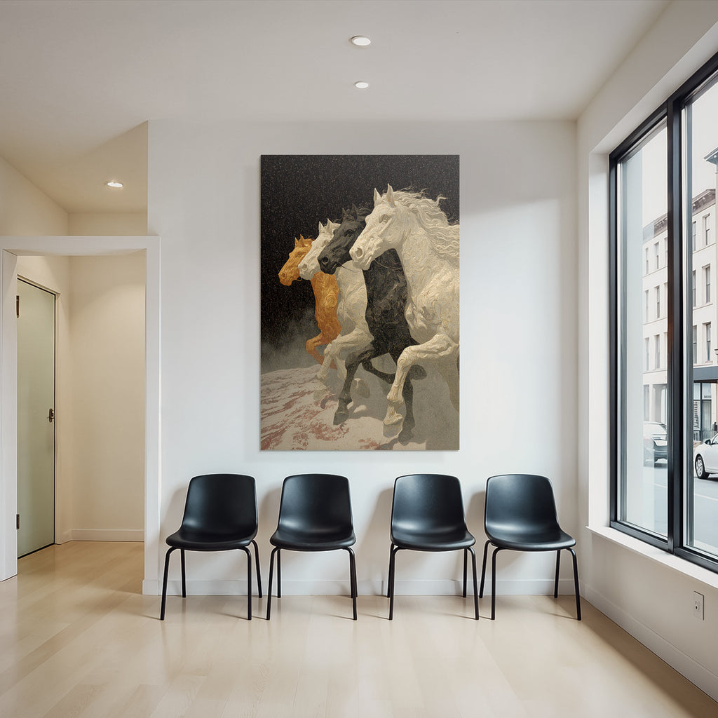 Four Horses Stylized Against Dark Background Movement