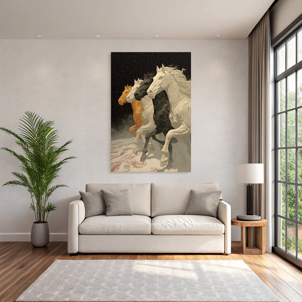 Four Horses Stylized Against Dark Background Movement