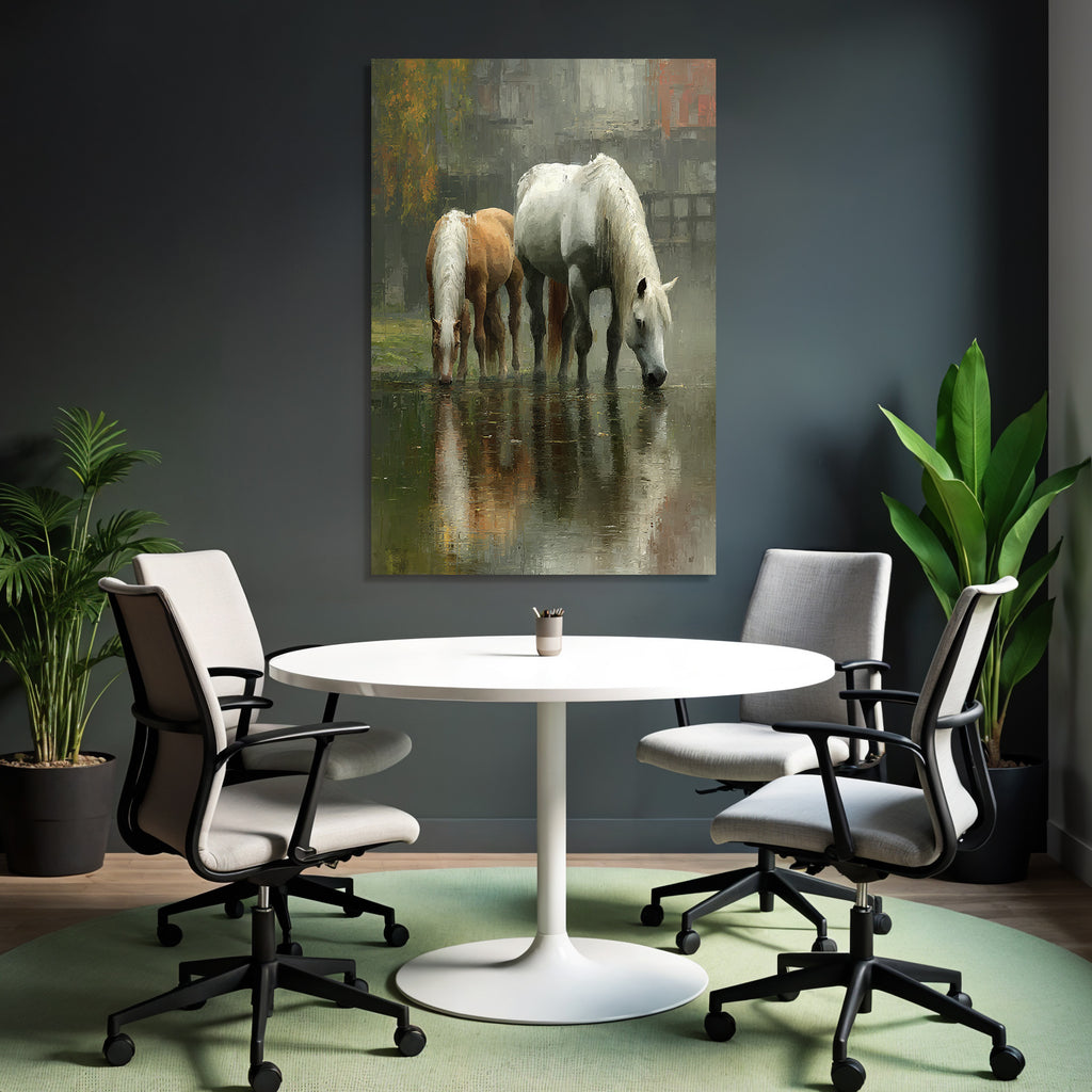 Zwei Pferde Im Wasser Mit Nebeliger Hintergrund Kunststil