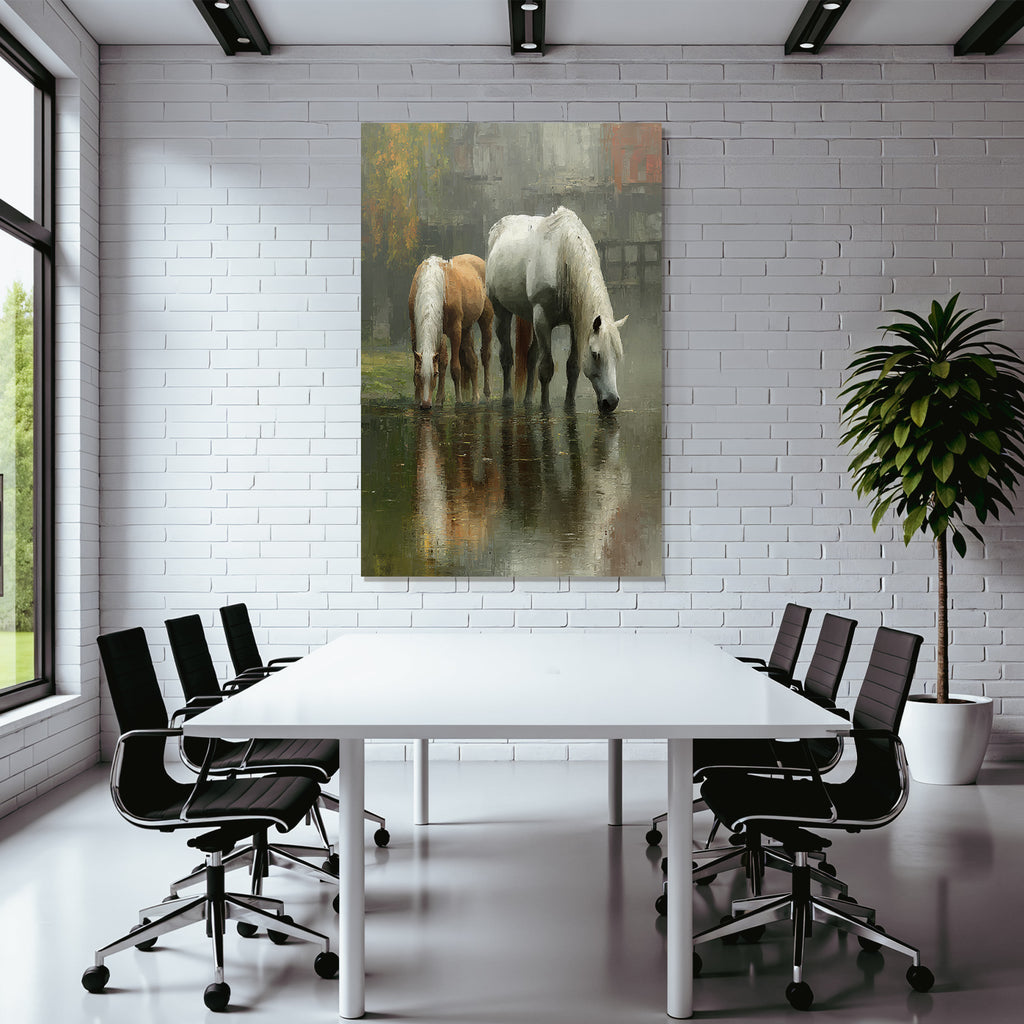 Zwei Pferde Im Wasser Mit Nebeliger Hintergrund Kunststil