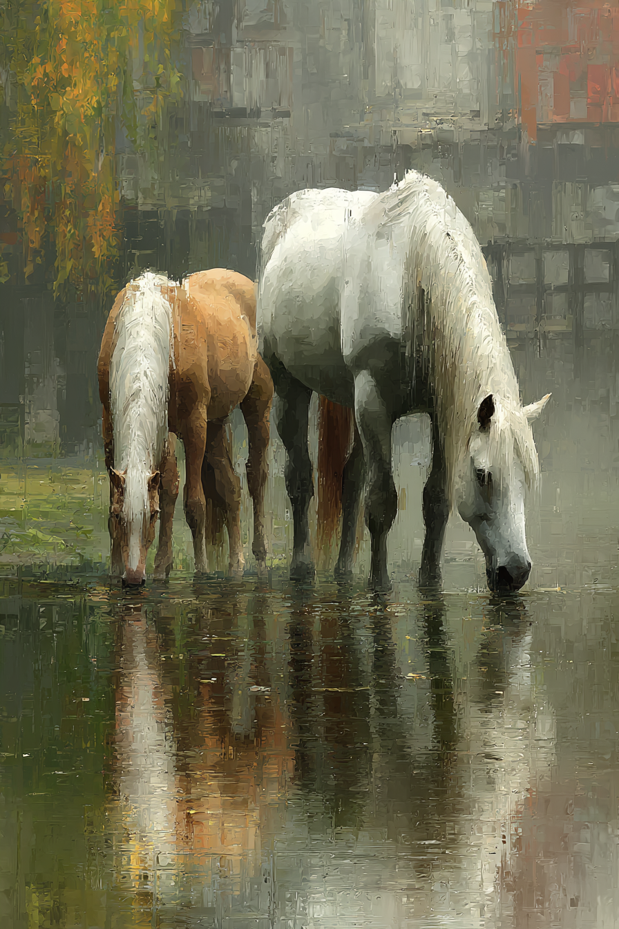 Zwei Pferde Im Wasser Mit Nebeliger Hintergrund Kunststil | Grandeur Chic | Einrichtungsstile