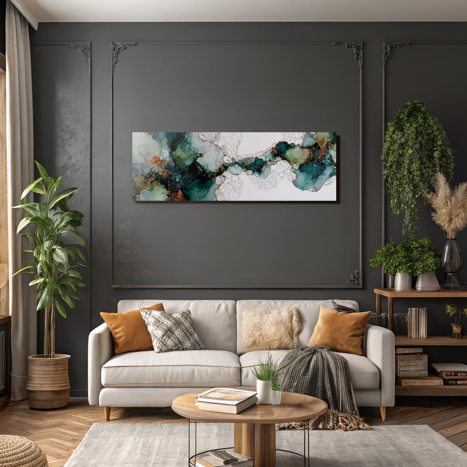 Abstrakte Fluidkunst Teal Gruen Goldakzente