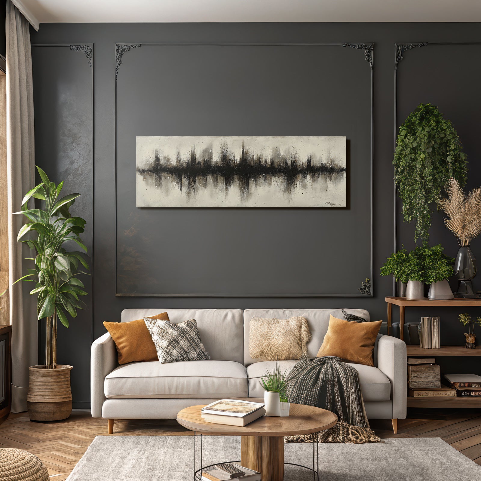 Abstrakte Kunst Schwarz Beige Texturen Splashes Klingt Welle Skyline Silhoutte