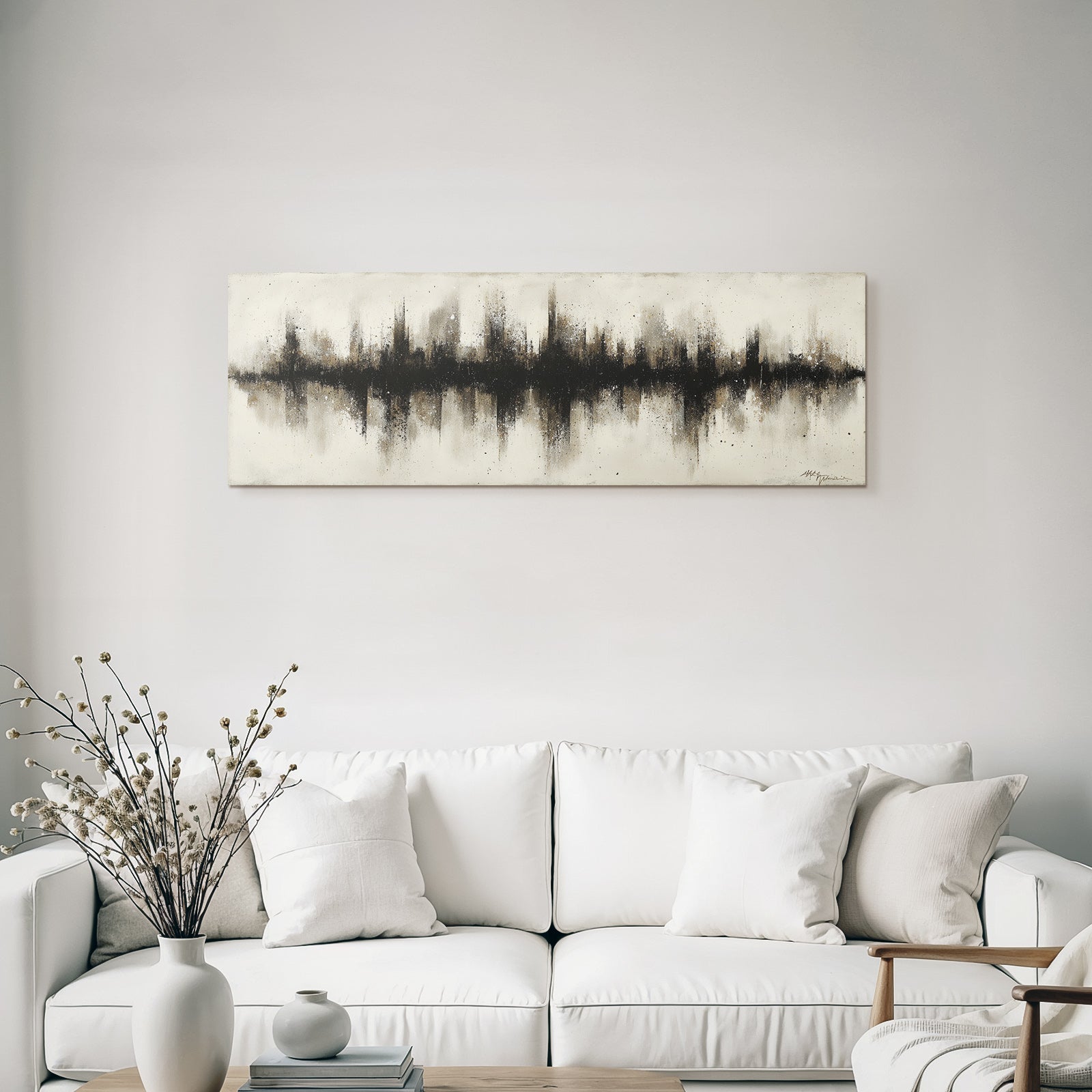 Abstrakte Kunst Schwarz Beige Texturen Splashes Klingt Welle Skyline Silhoutte