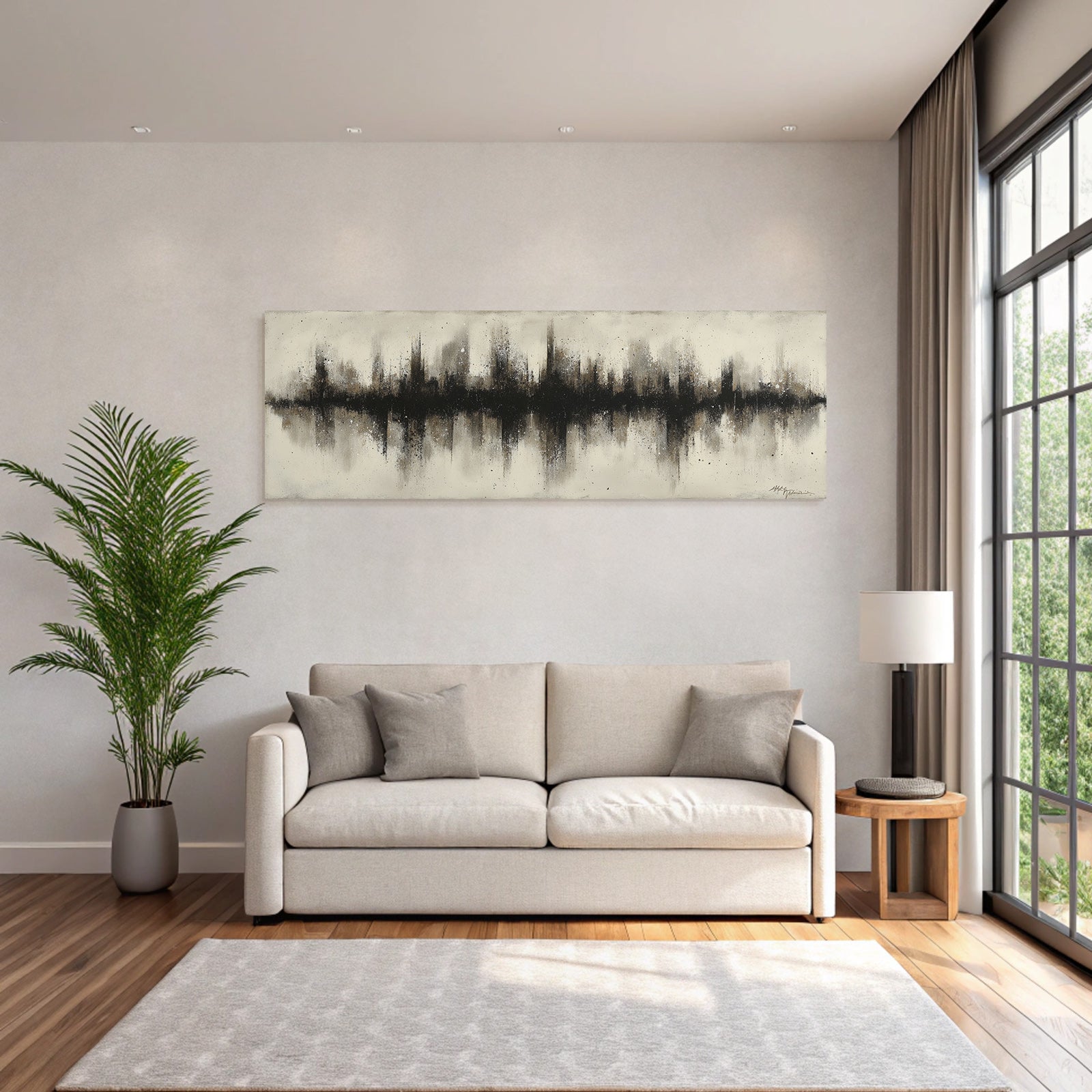 Abstrakte Kunst Schwarz Beige Texturen Splashes Klingt Welle Skyline Silhoutte