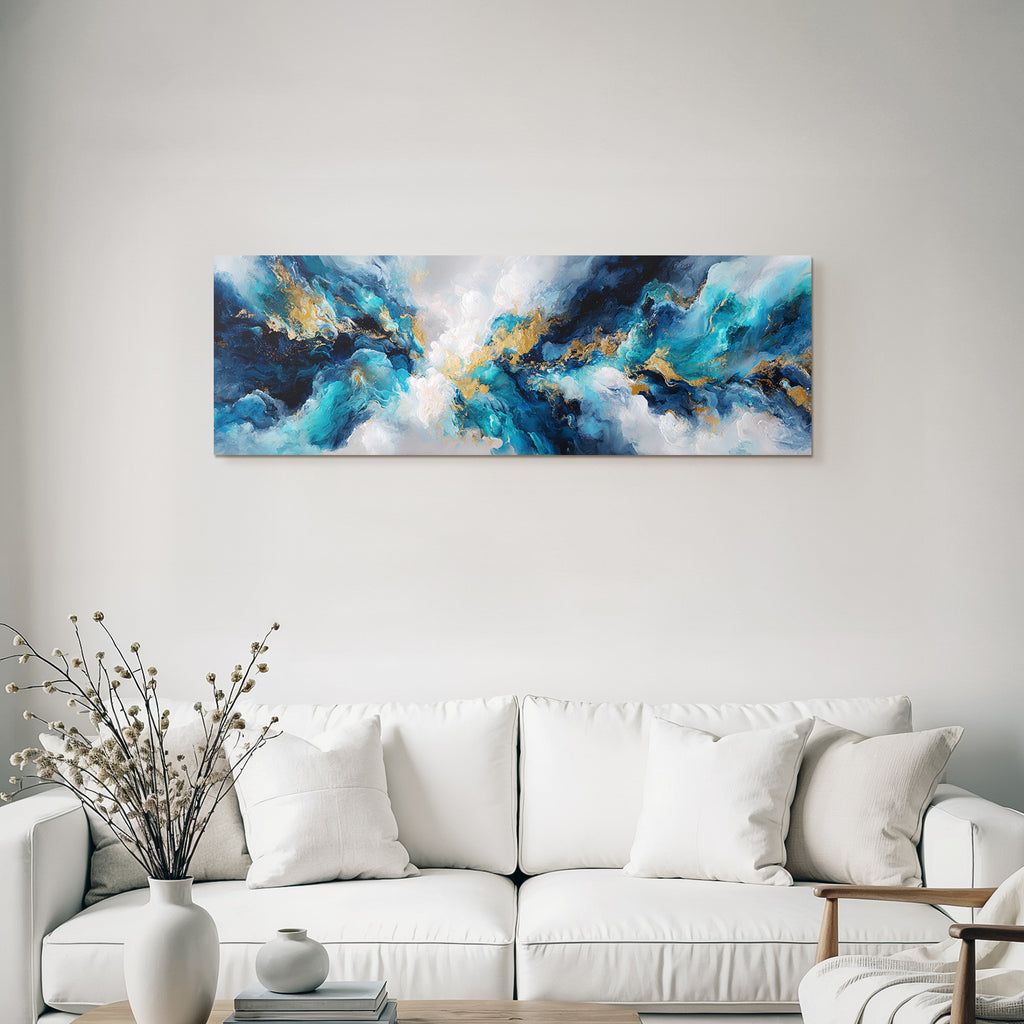 Abstrakte Malerei Wirbelnde Farben Blau Gold Weiss
