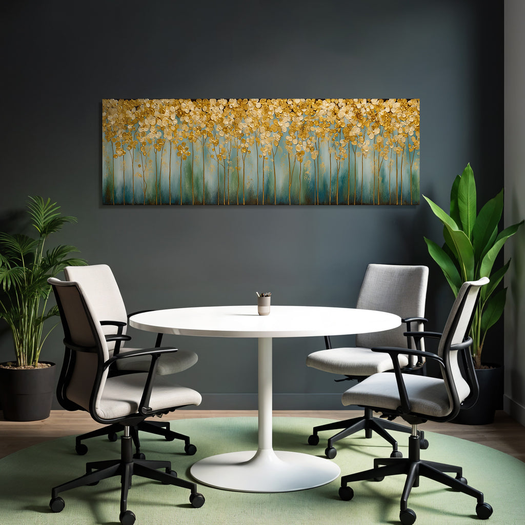 Abstraktes Blumen Gemaelde Gold Weiss Blau