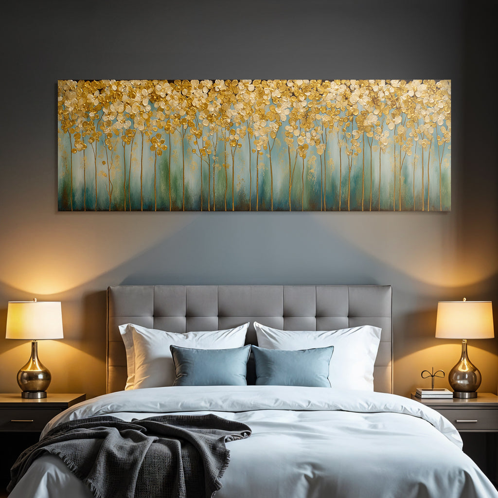 Abstraktes Blumen Gemaelde Gold Weiss Blau
