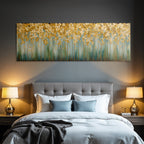 Abstraktes Blumen Gemaelde Gold Weiss Blau