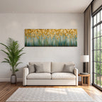 Abstraktes Blumen Gemaelde Gold Weiss Blau