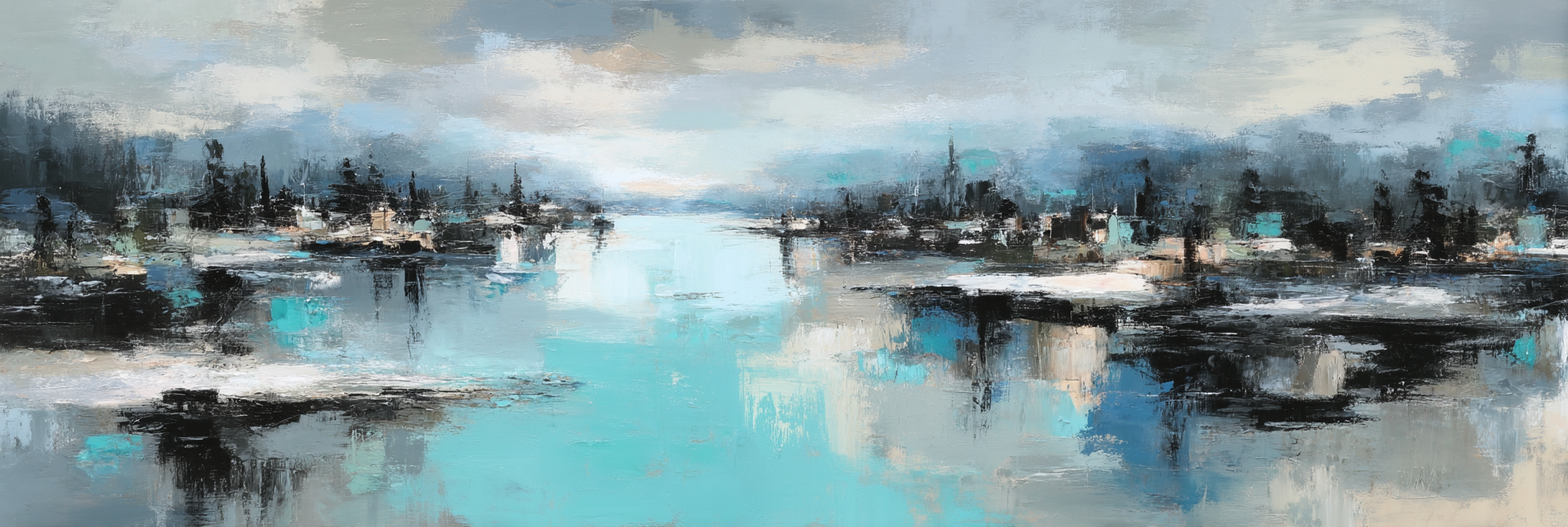 Abstraktes Gemaelde Mit Sicht Auf Wasser Und Baeume Blau Schwarz Weiss | Grandeur Chic | Einrichtungsstile