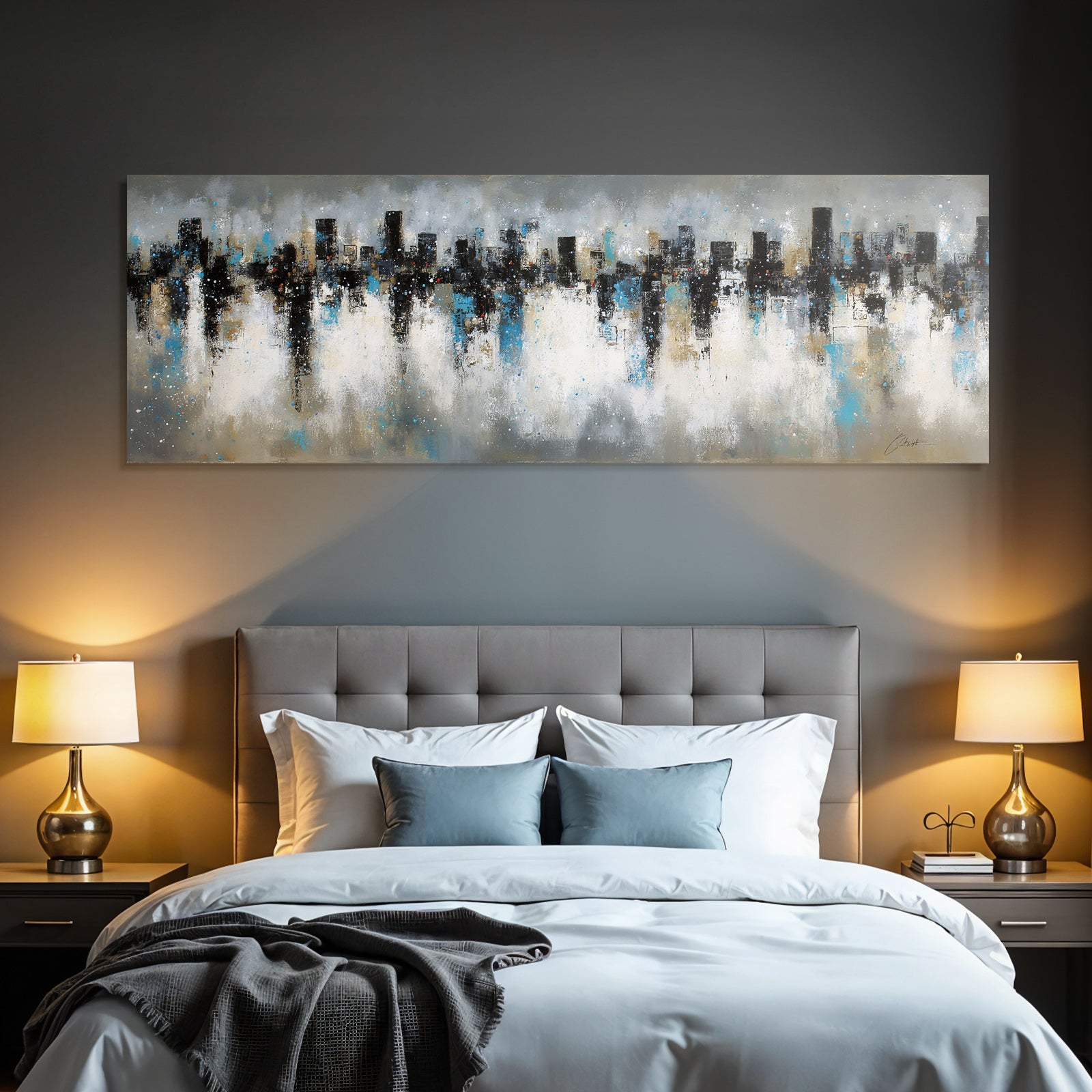 Abstraktes Stadtbild Farbmix Schwarz Blau Weiss Gold Skyline Reflektiert