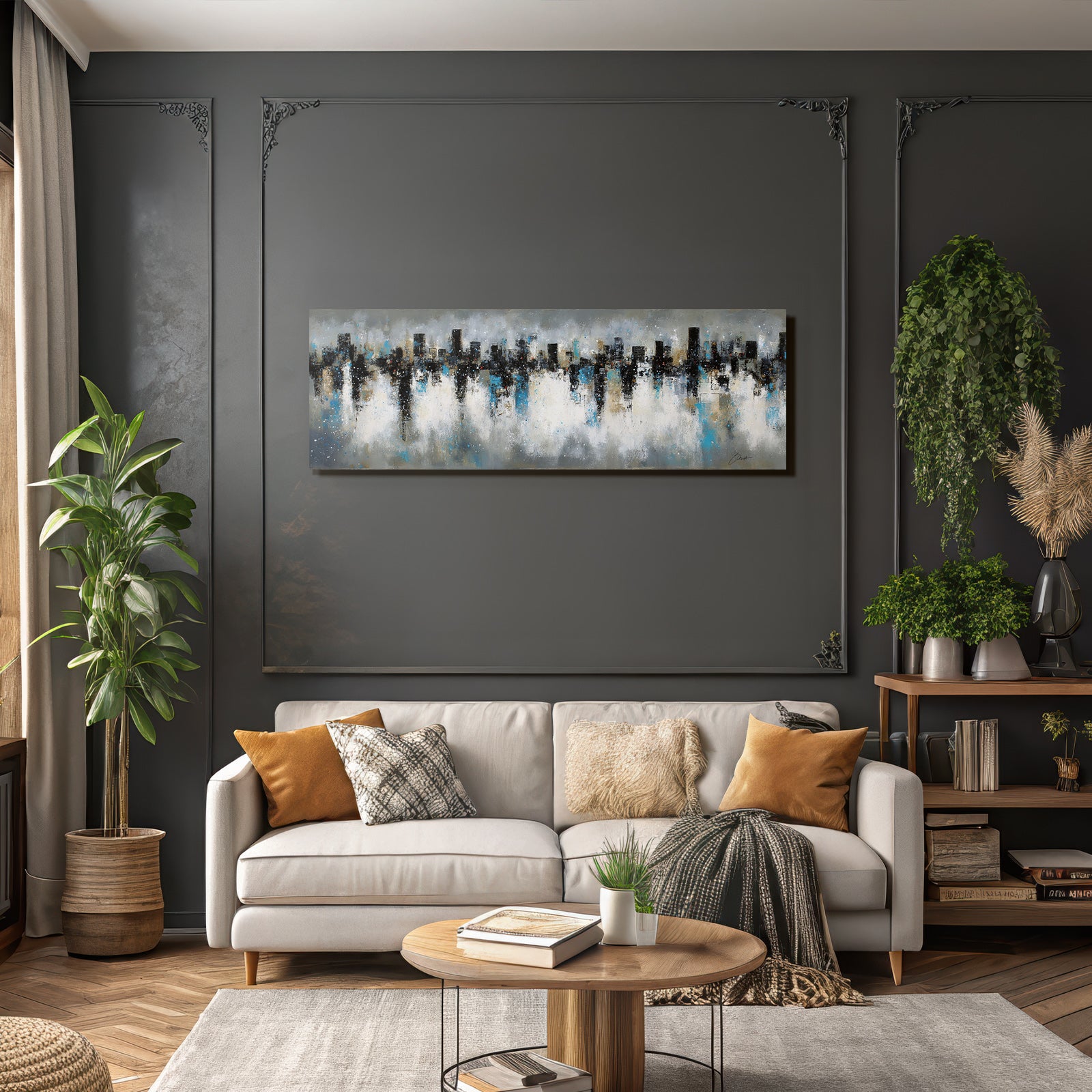 Abstraktes Stadtbild Farbmix Schwarz Blau Weiss Gold Skyline Reflektiert