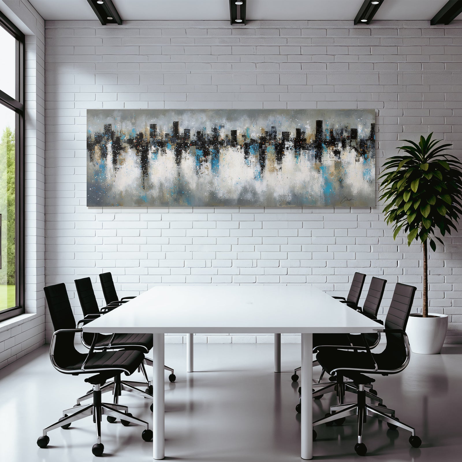 Abstraktes Stadtbild Farbmix Schwarz Blau Weiss Gold Skyline Reflektiert