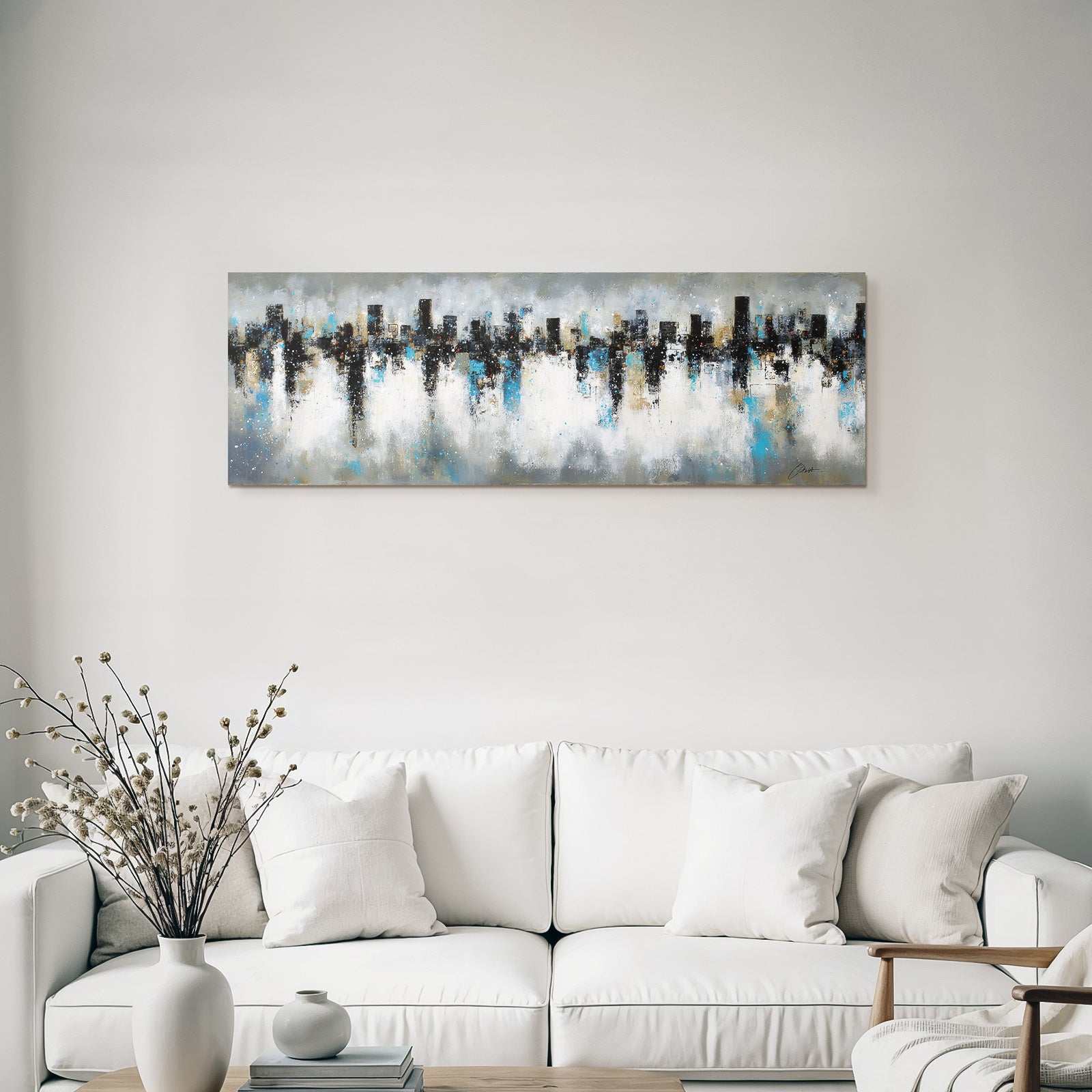 Abstraktes Stadtbild Farbmix Schwarz Blau Weiss Gold Skyline Reflektiert