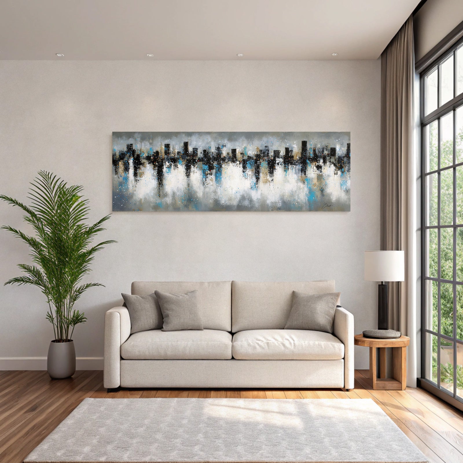 Abstraktes Stadtbild Farbmix Schwarz Blau Weiss Gold Skyline Reflektiert