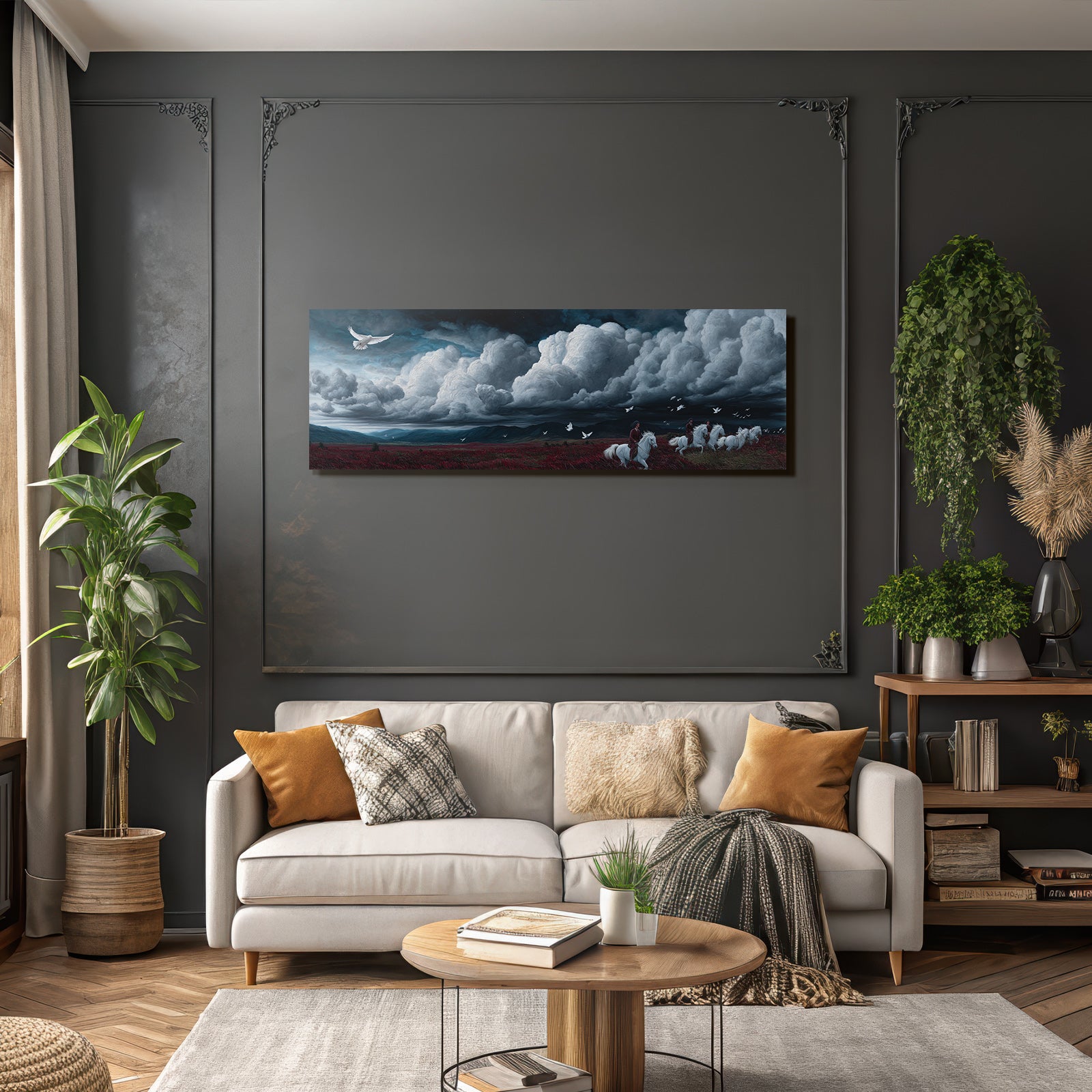 Dramatische Landschaft Mit Pferden Und Reitern