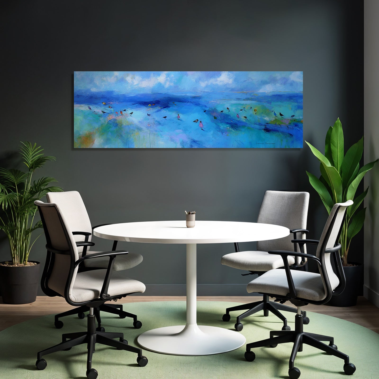 Impressionistische Landschaft Mit Blautoenen Und Voegeln