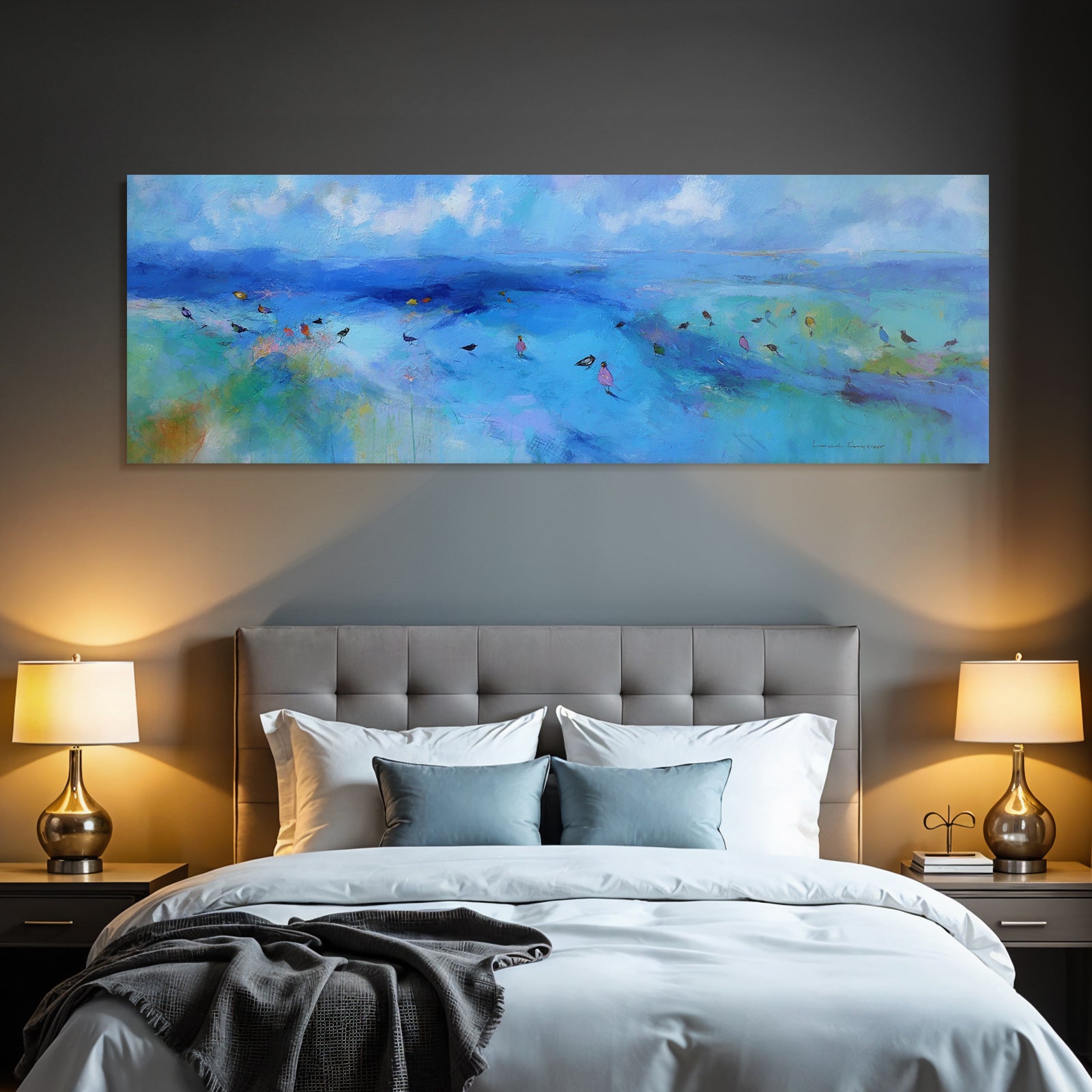Impressionistische Landschaft Mit Blautoenen Und Voegeln