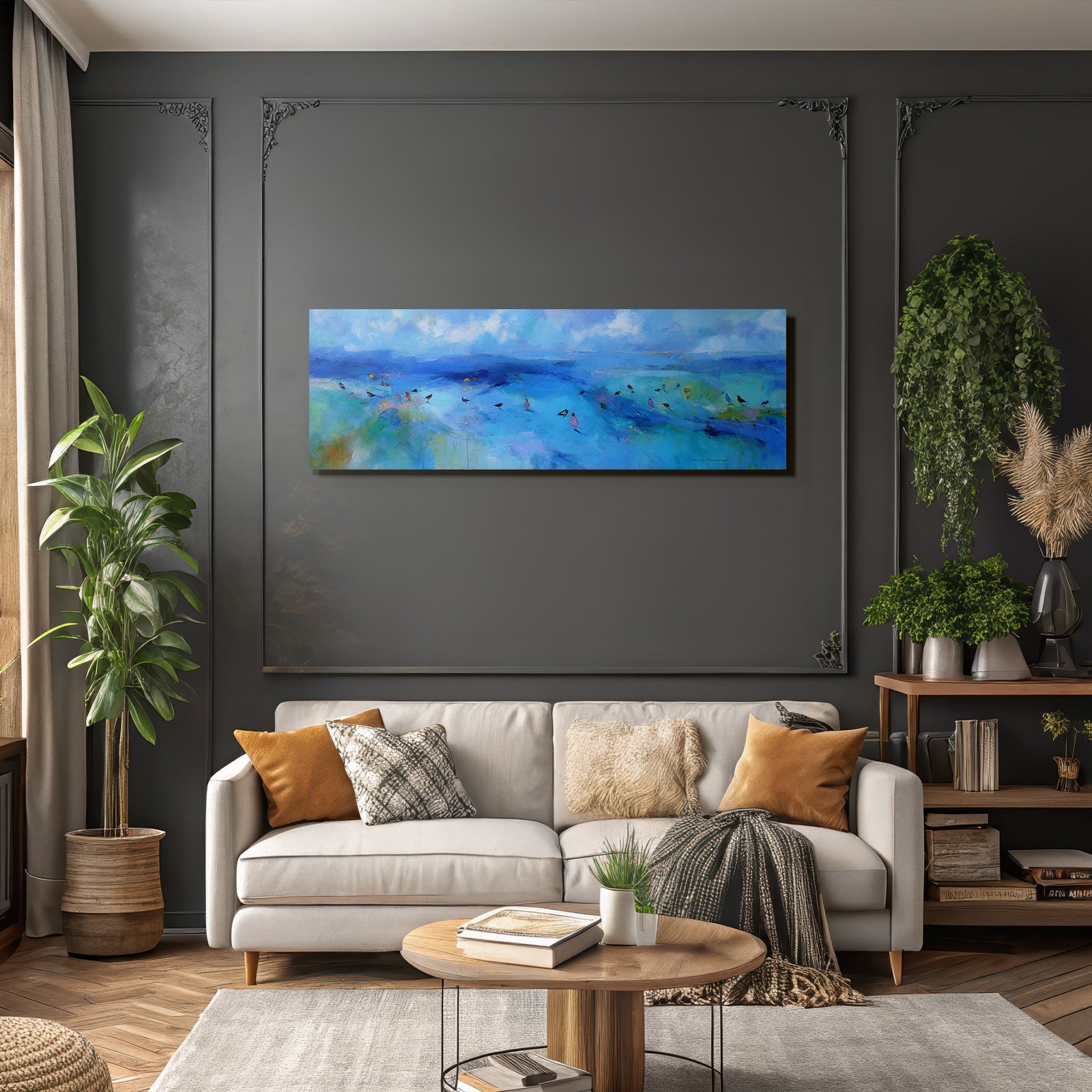 Impressionistische Landschaft Mit Blautoenen Und Voegeln
