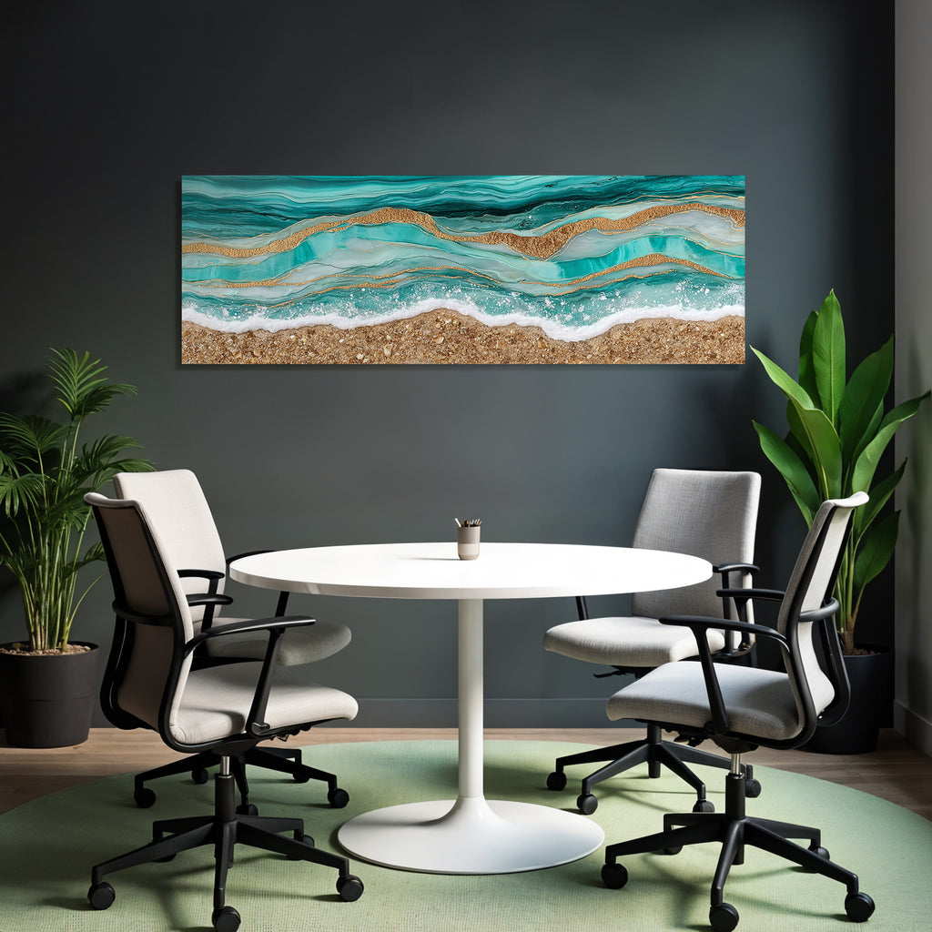 Kuenstlerische Darstellung Von Oceanwellen In Tuerkis Und Goldtexturen