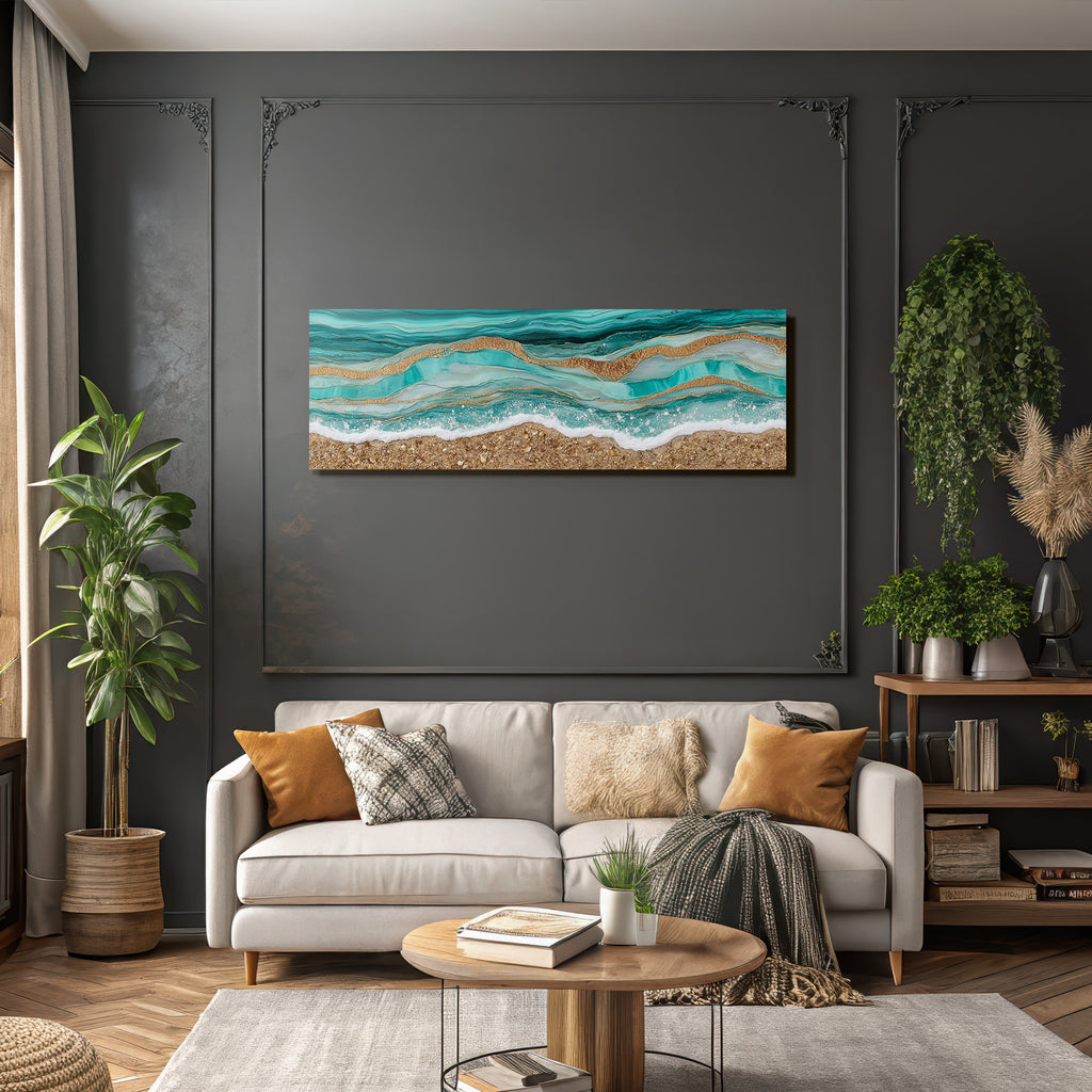 Kuenstlerische Darstellung Von Oceanwellen In Tuerkis Und Goldtexturen
