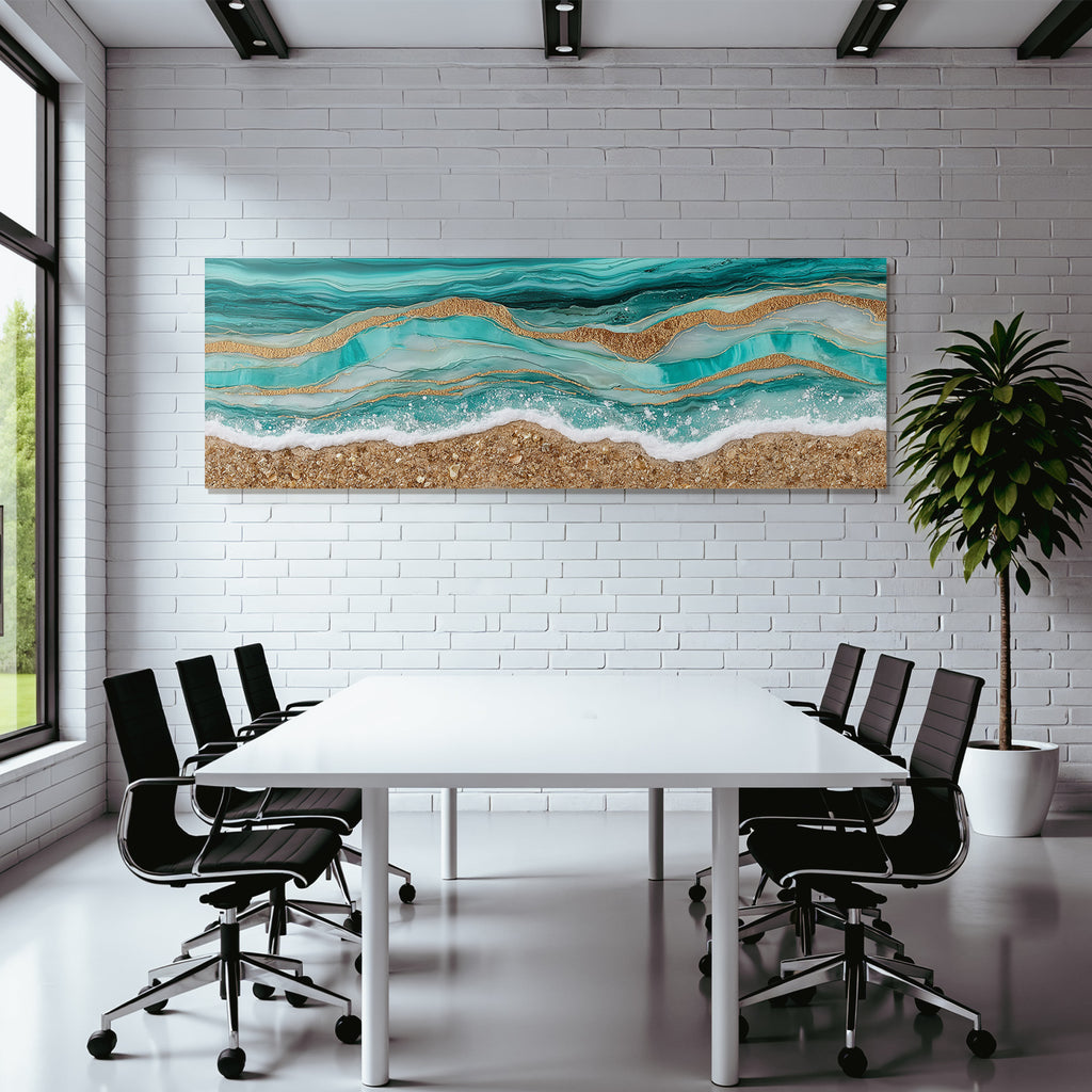 Kuenstlerische Darstellung Von Oceanwellen In Tuerkis Und Goldtexturen