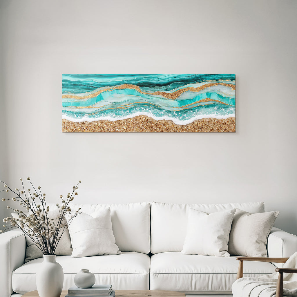 Kuenstlerische Darstellung Von Oceanwellen In Tuerkis Und Goldtexturen