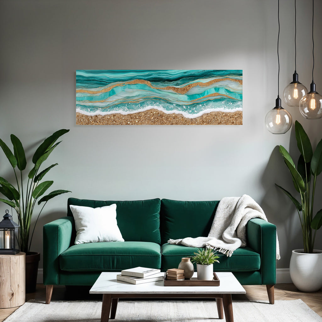 Kuenstlerische Darstellung Von Oceanwellen In Tuerkis Und Goldtexturen