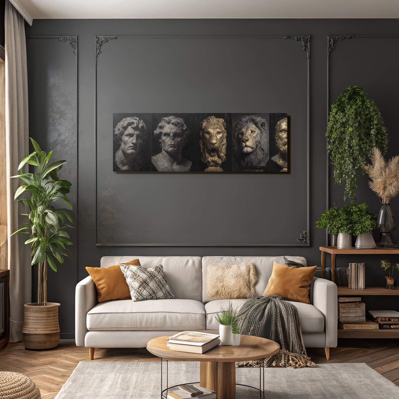 Skulpturen Oder Bueste Menschliche Figuren Und Ein Loewe Vor Dunklem Hintergrund