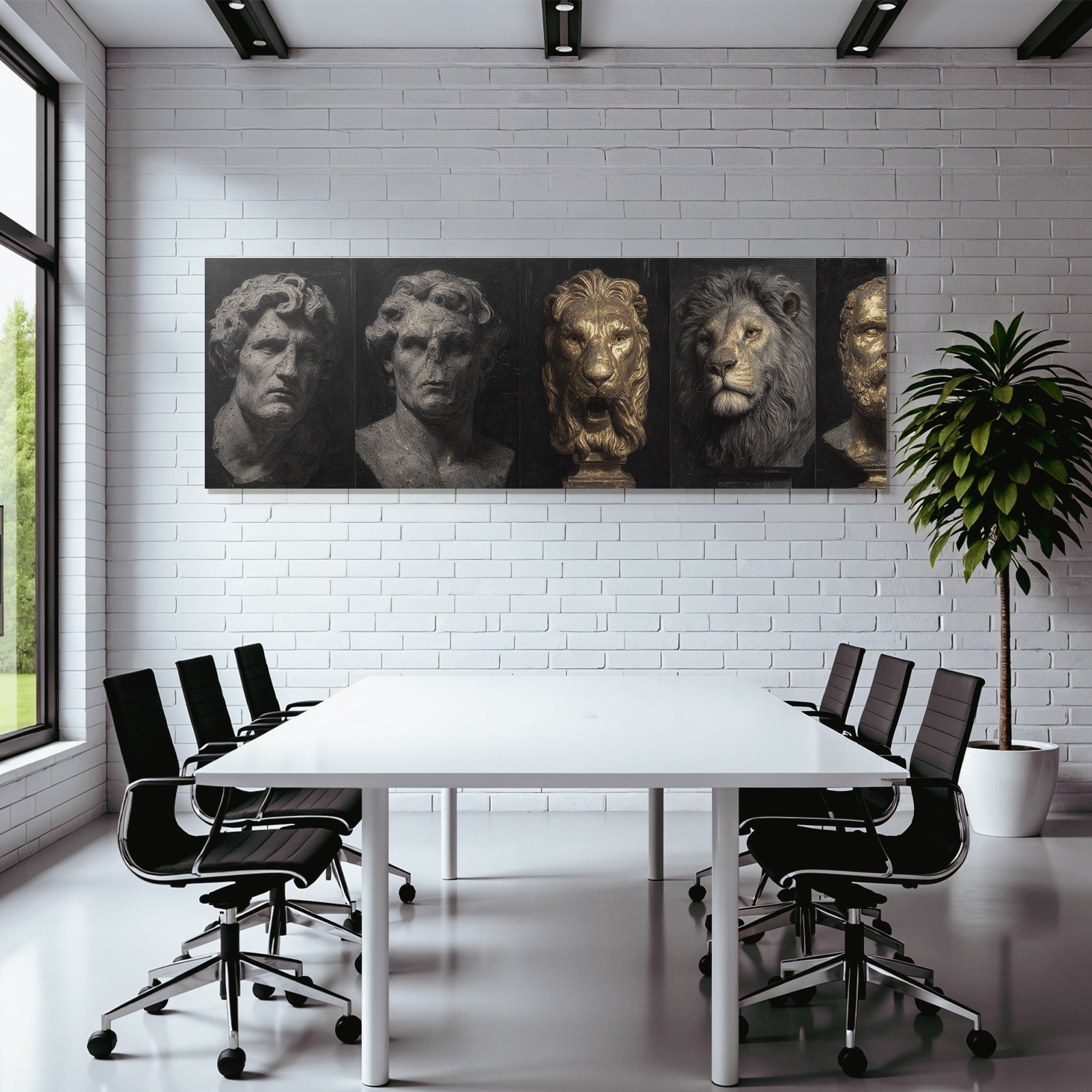 Skulpturen Oder Bueste Menschliche Figuren Und Ein Loewe Vor Dunklem Hintergrund