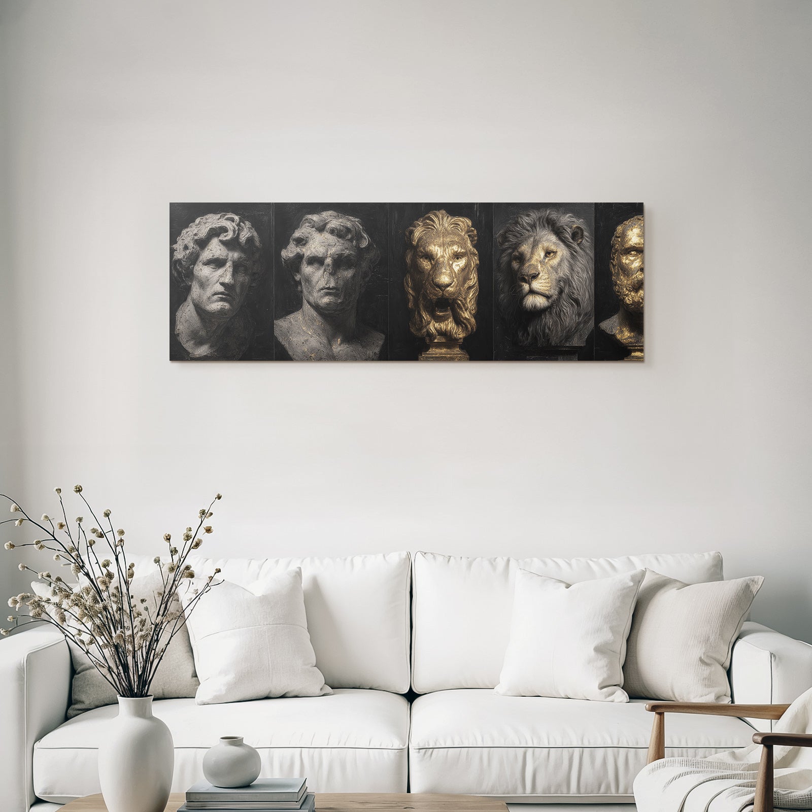 Skulpturen Oder Bueste Menschliche Figuren Und Ein Loewe Vor Dunklem Hintergrund