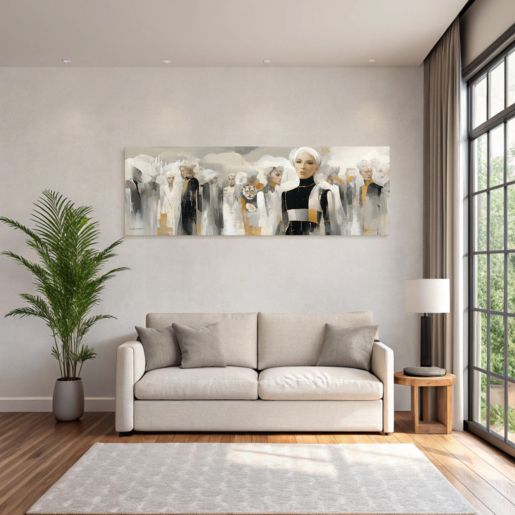 Stilisierte Figuren Und Tiger Kunstwerk Mit Goldtoenen