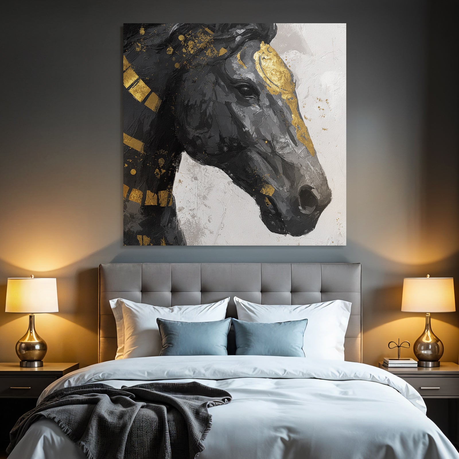 Kuenstlerisches Pferd Schwarz Grau Gold