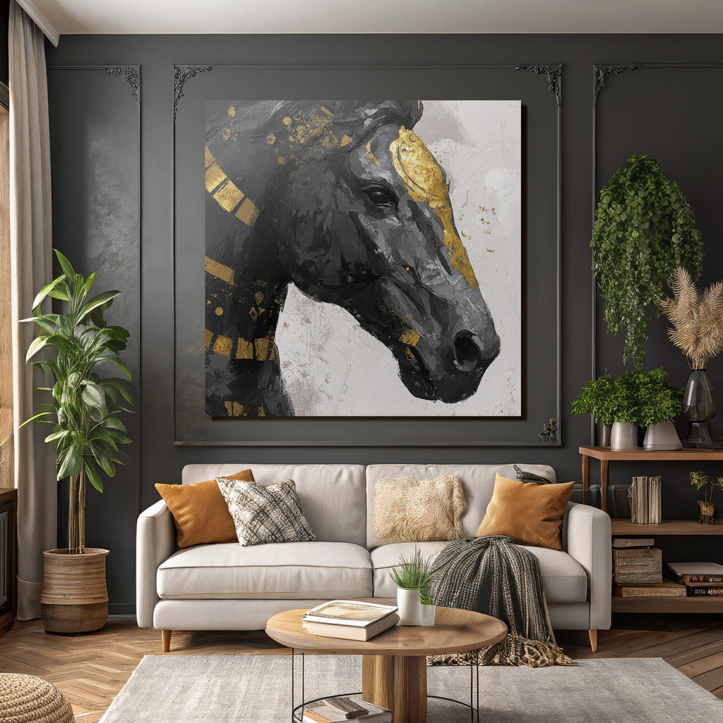 Kuenstlerisches Pferd Schwarz Grau Gold