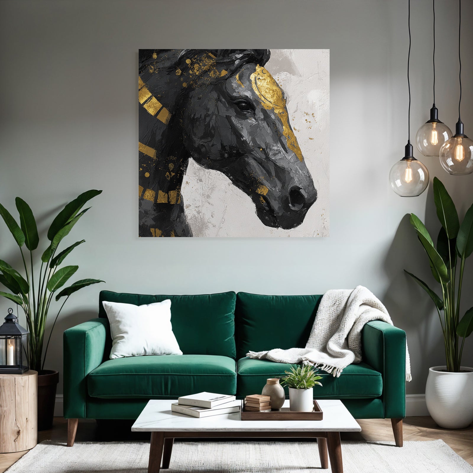 Kuenstlerisches Pferd Schwarz Grau Gold