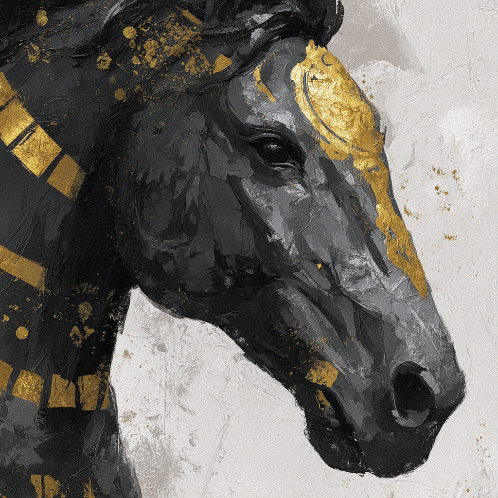 Kuenstlerisches Pferd Schwarz Grau Gold | Grandeur Chic | Einrichtungsstile