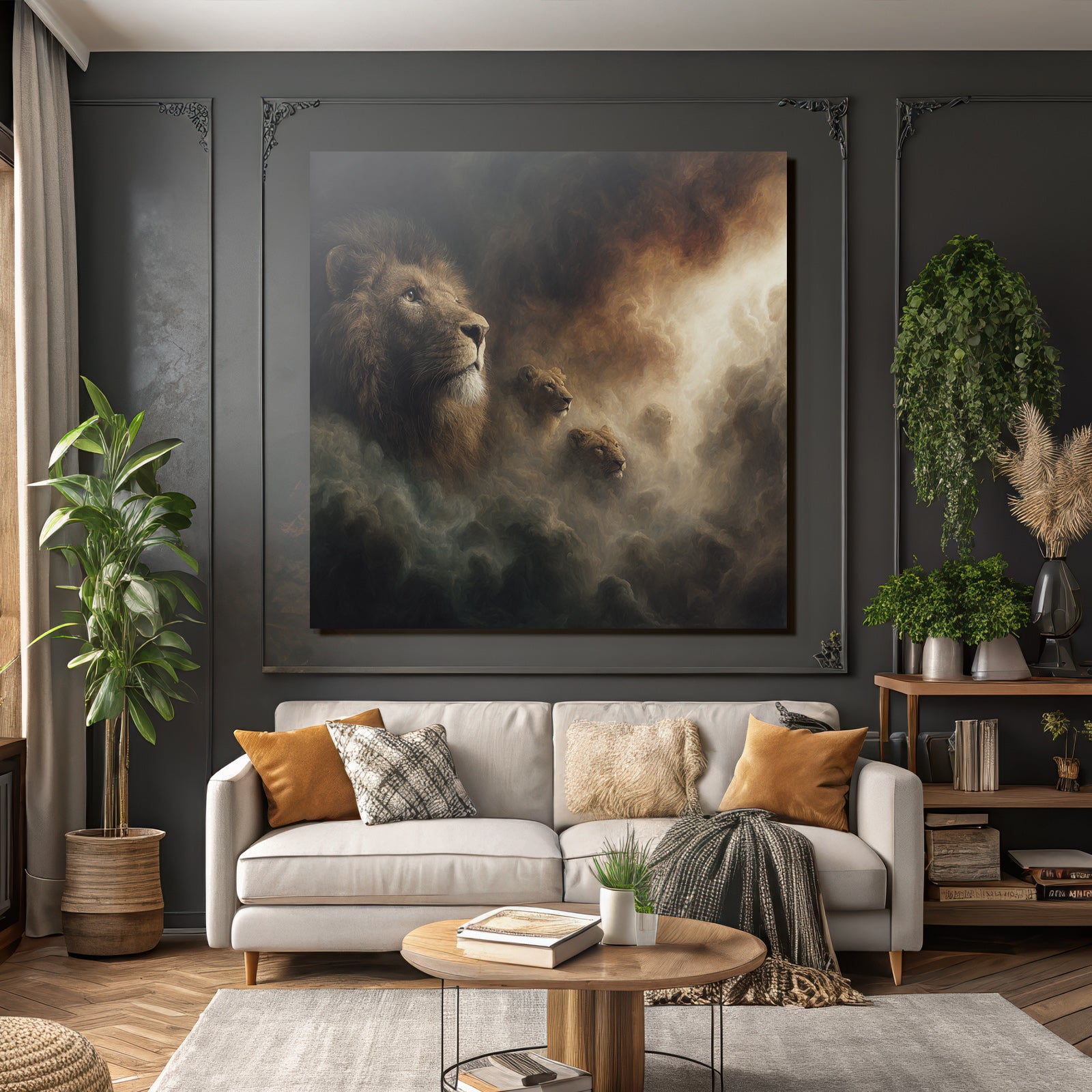 Stilisierte Loewen Mit Dramatischem Hintergrund