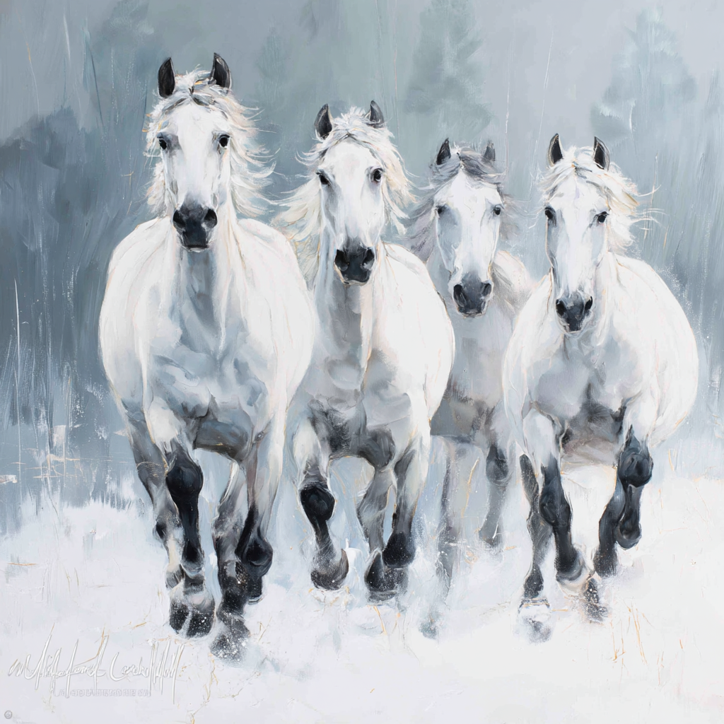 Vier Weisse Pferde Laufen Durch Schnee | Grandeur Chic | Einrichtungsstile