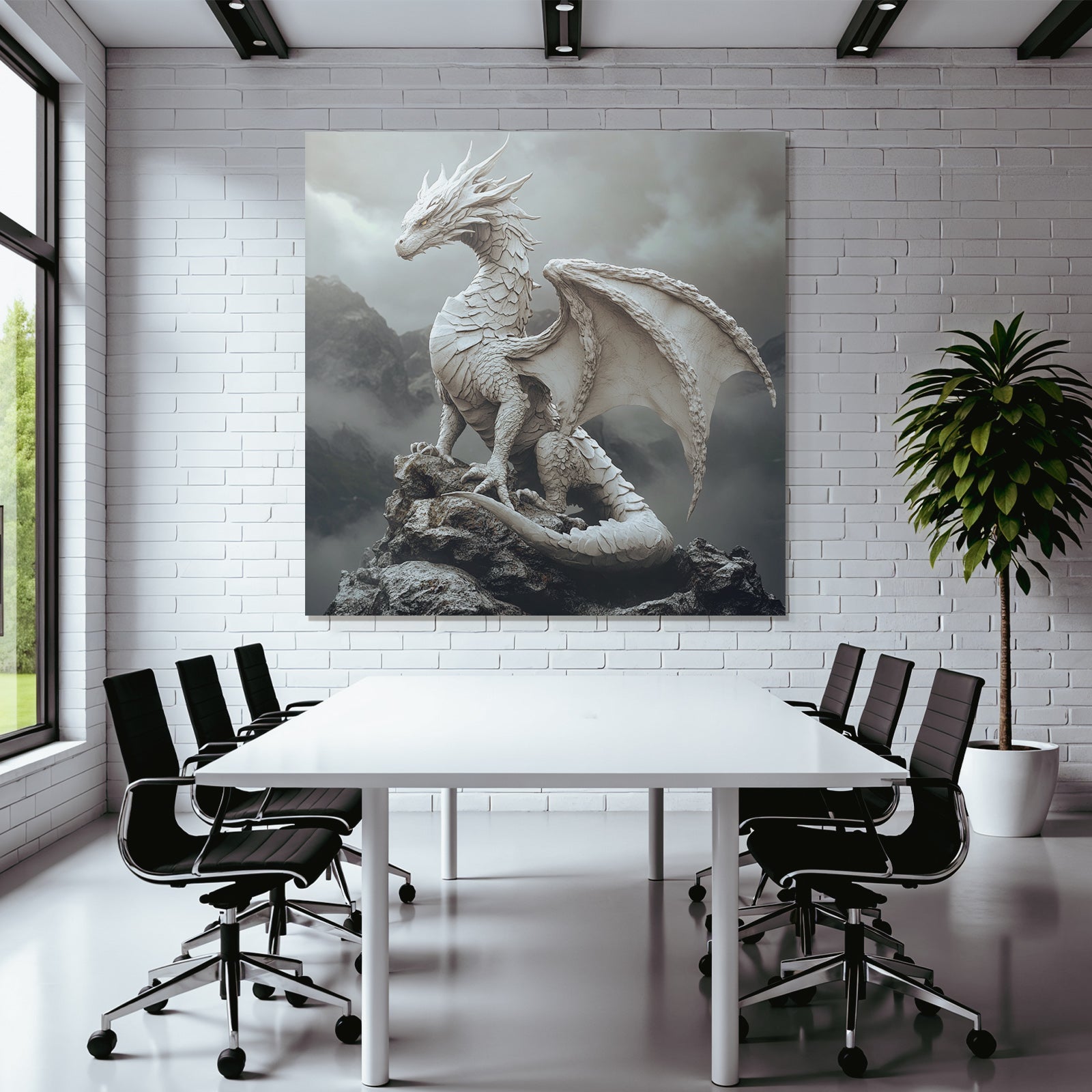 Weisser Drache Auf Stein Mit Wolken Und Bergen Jpg