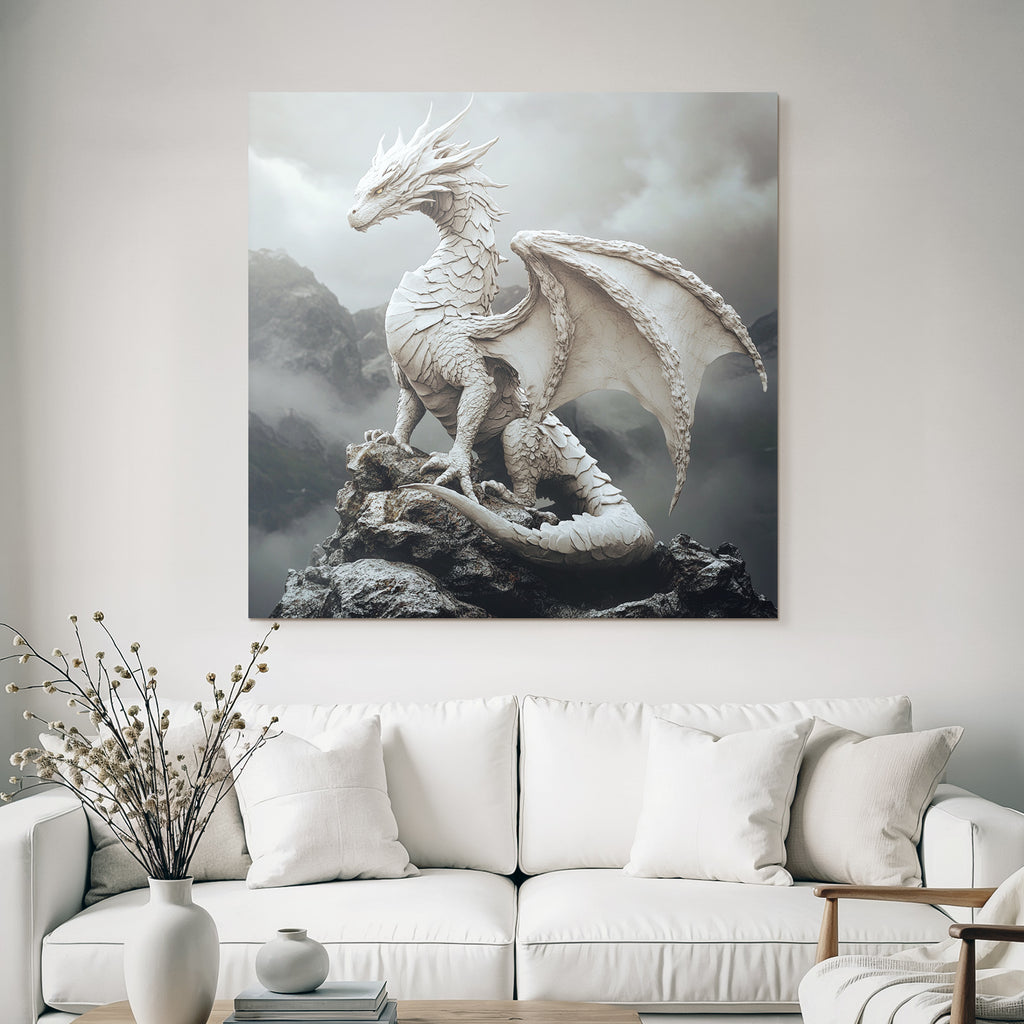 Weisser Drache Auf Stein Mit Wolken Und Bergen Jpg