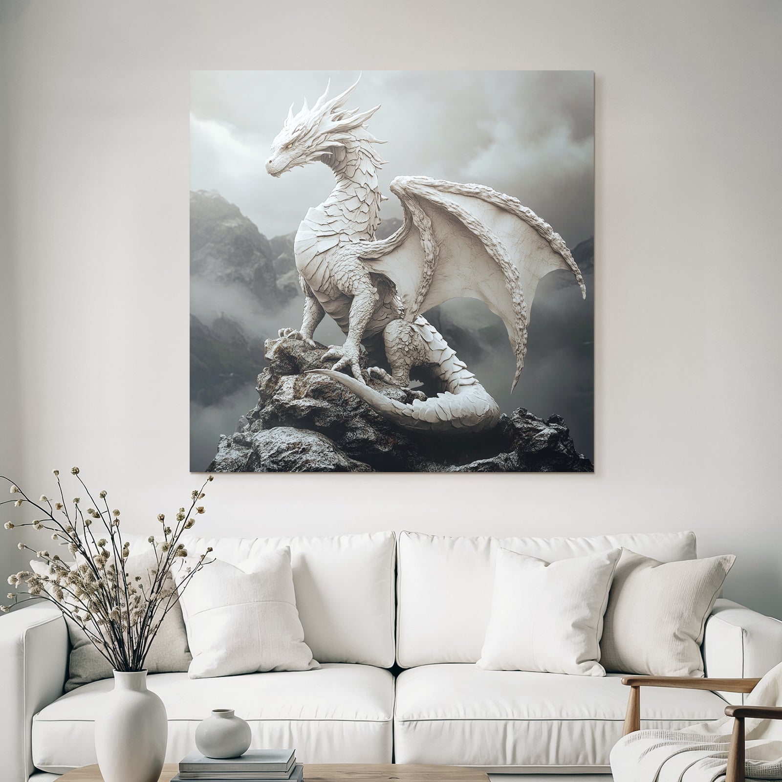 Weisser Drache Auf Stein Mit Wolken Und Bergen Jpg