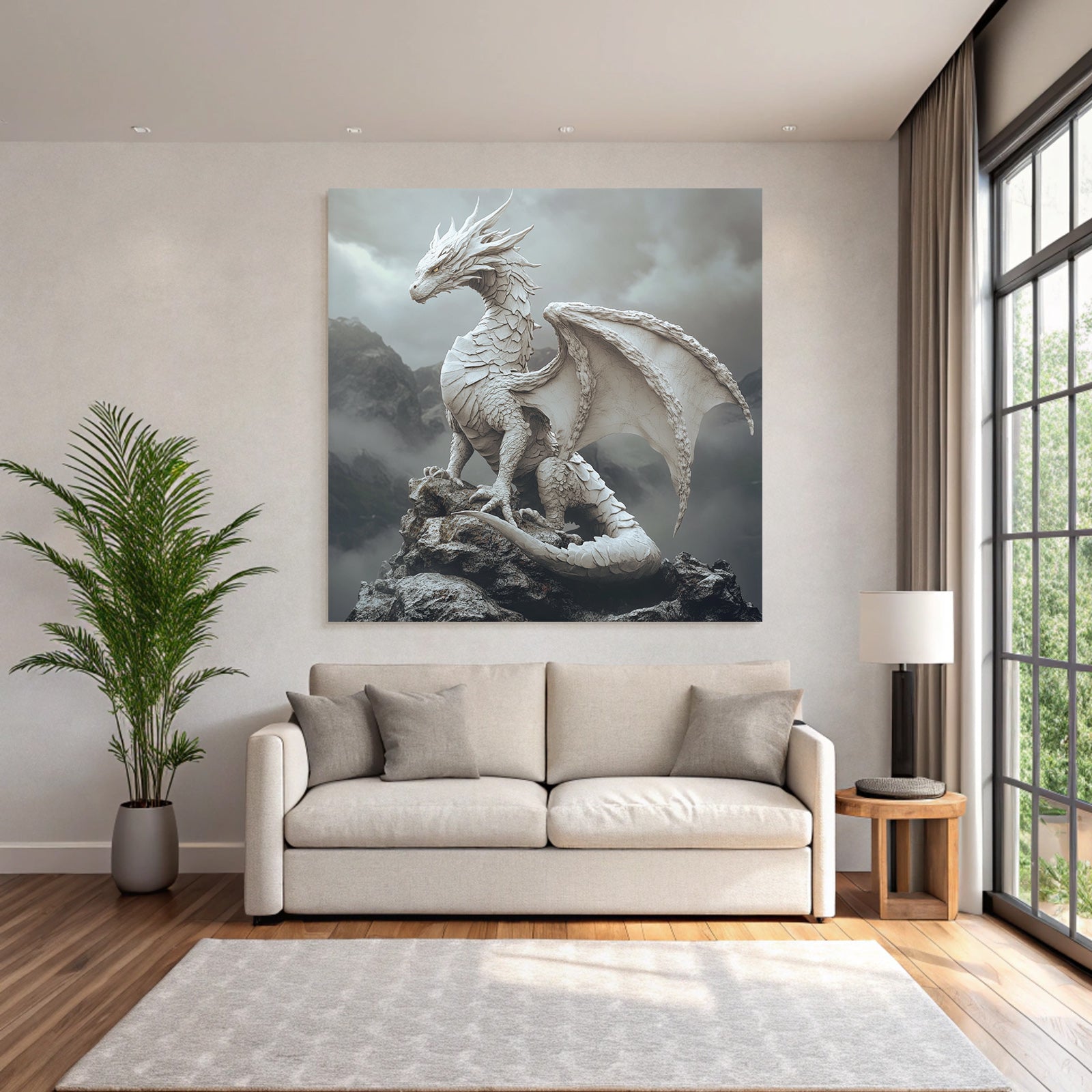 Weisser Drache Auf Stein Mit Wolken Und Bergen Jpg