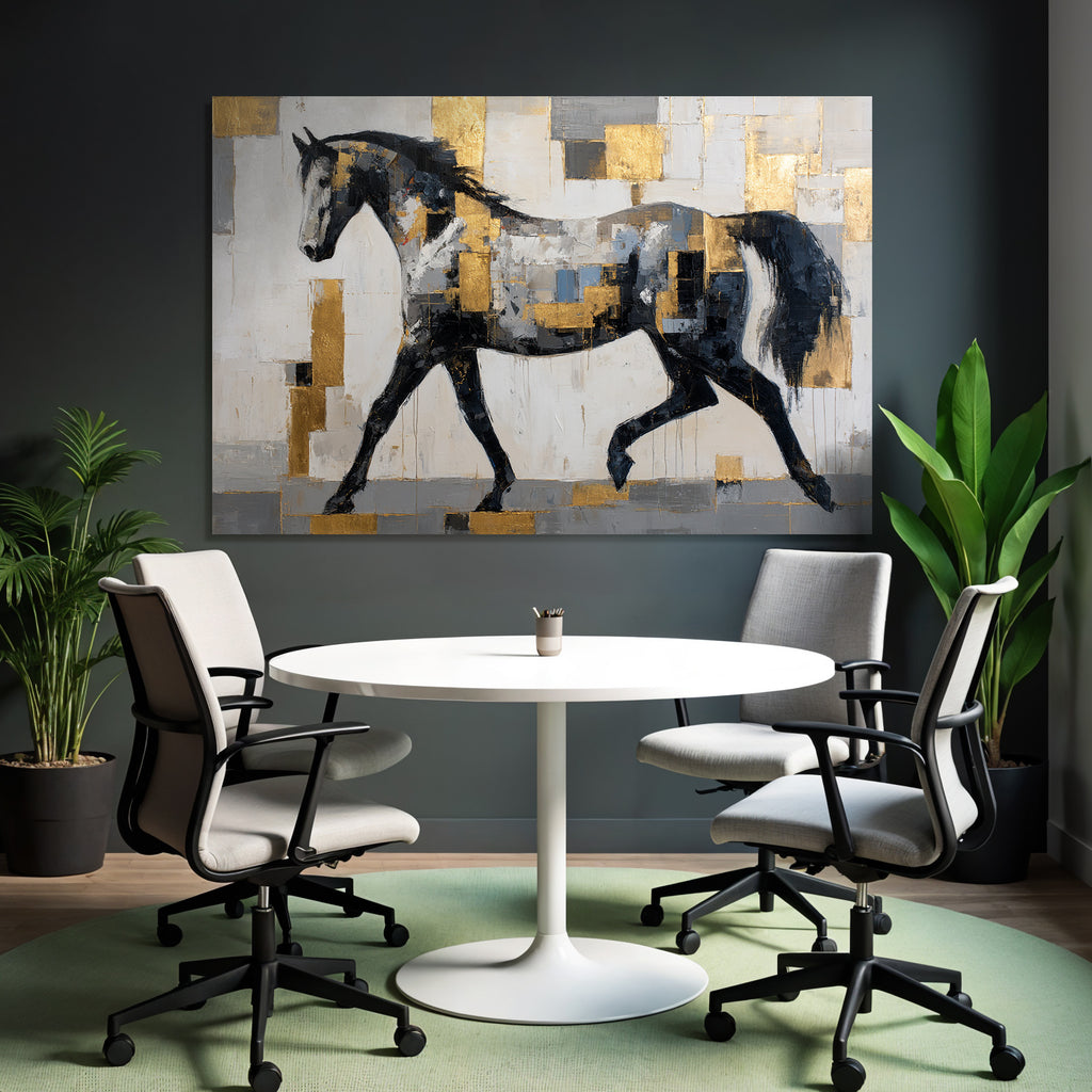 Abstraktes Gemaelde Eines Pferdes In Patchworkstil Schwarz Weiss Grau Gold