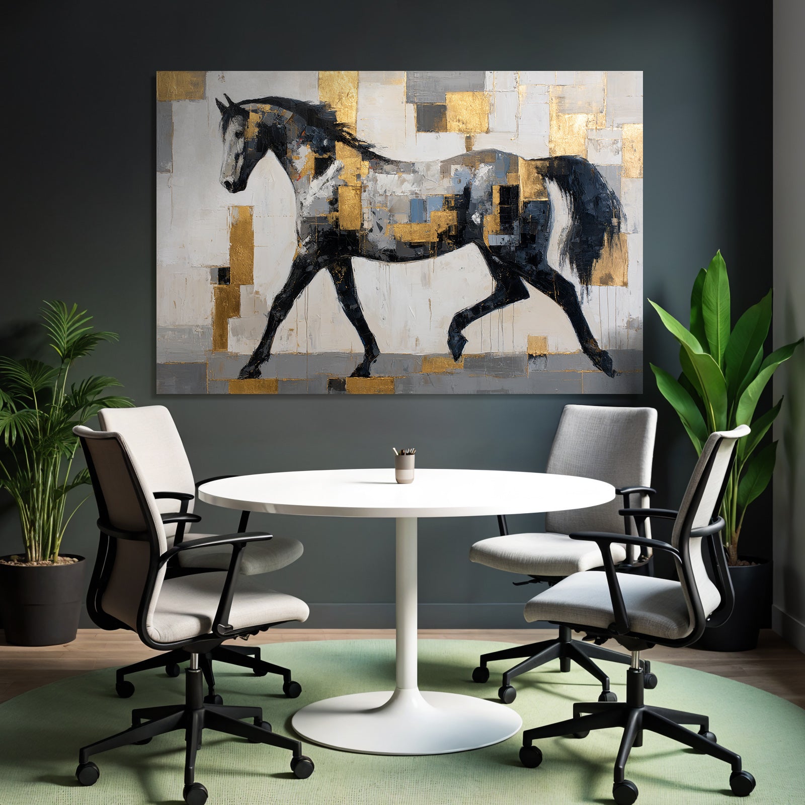 Abstraktes Gemaelde Eines Pferdes In Patchworkstil Schwarz Weiss Grau Gold