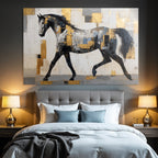 Abstraktes Gemaelde Eines Pferdes In Patchworkstil Schwarz Weiss Grau Gold