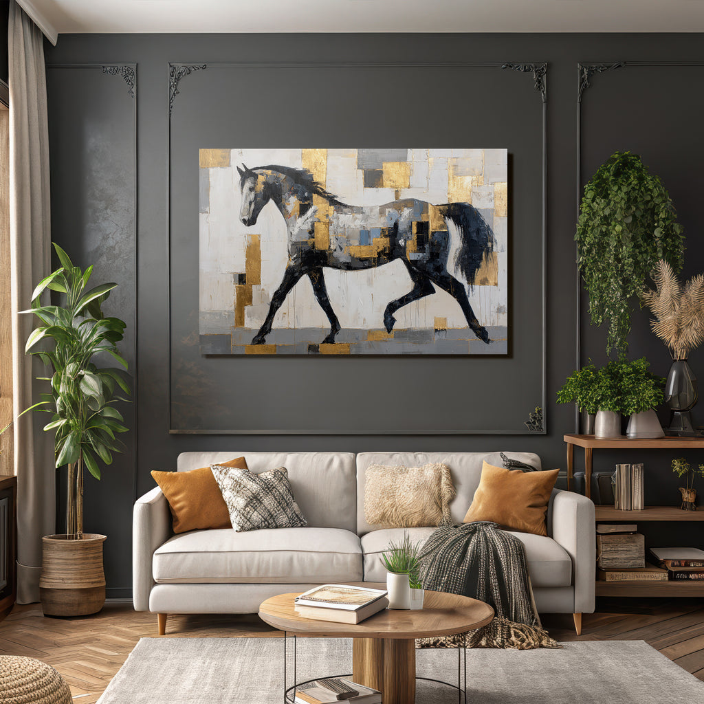 Abstraktes Gemaelde Eines Pferdes In Patchworkstil Schwarz Weiss Grau Gold