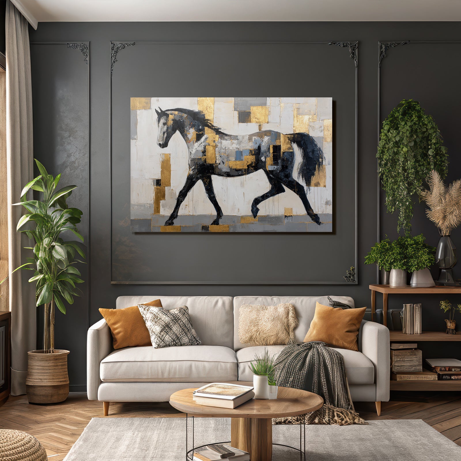 Abstraktes Gemaelde Eines Pferdes In Patchworkstil Schwarz Weiss Grau Gold