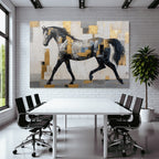 Abstraktes Gemaelde Eines Pferdes In Patchworkstil Schwarz Weiss Grau Gold